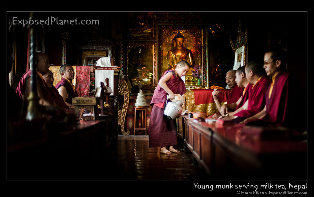 Young Nepali buddhist monk serving milk tea, Kathmandu